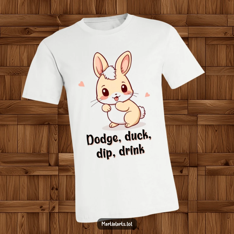 Funny Rabbit T-Shirt depicting a curious rabbit ducking and weaving with agile, playful movements, embodying a boxer's stance.
