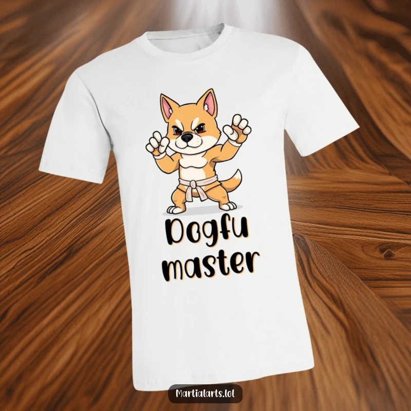 Funny Dog T-Shirt showing a determined dog striking a proud, balanced martial arts stance, ideal for a funny gift.