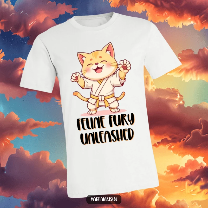 Funny T-Shirt: A happy cat striking a dynamic karate pose with fierce but funny determination, perfect for martial arts fans.