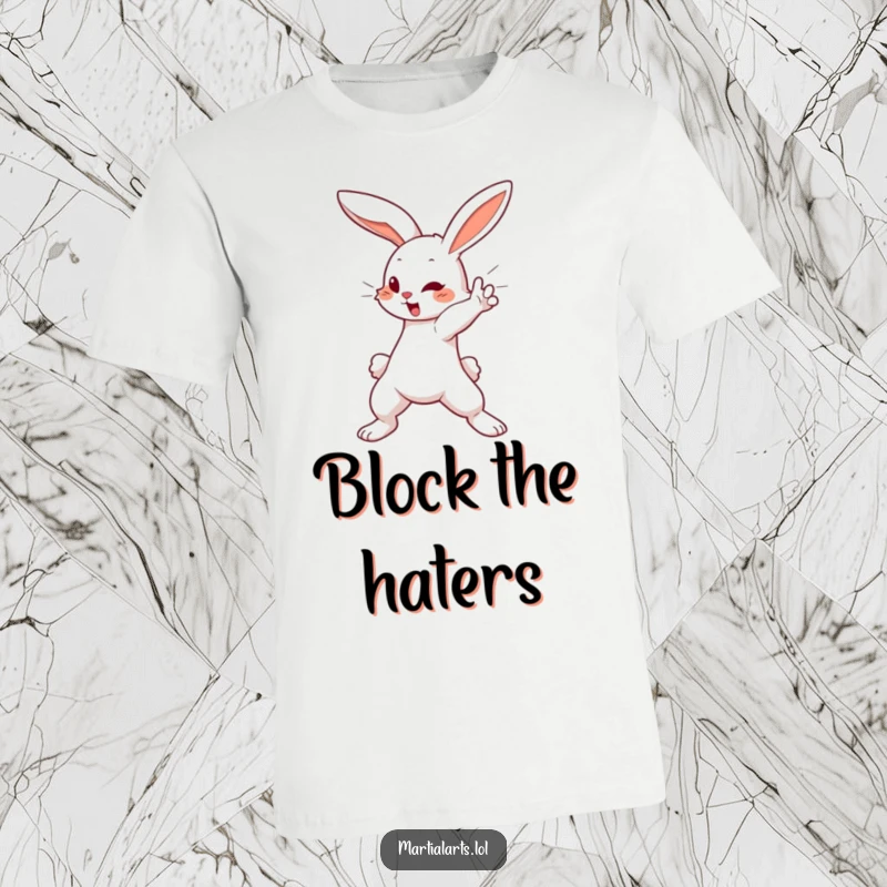 Funny T-Shirt: A cute bunny executing a swift blocking motion, showcasing speed and humorous determination to protect.