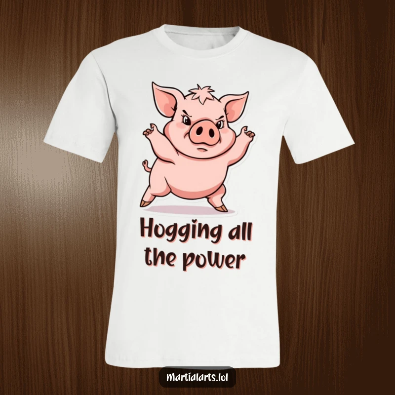 Funny determined pig executing a powerful, low stance, ready for combat, strong funny t-shirt.