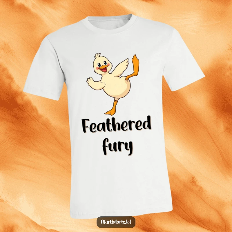 Funny Duck Kung Fu T-Shirt: A cheerful duck in mid-air performing a dramatic flying kick, full of humorous action.