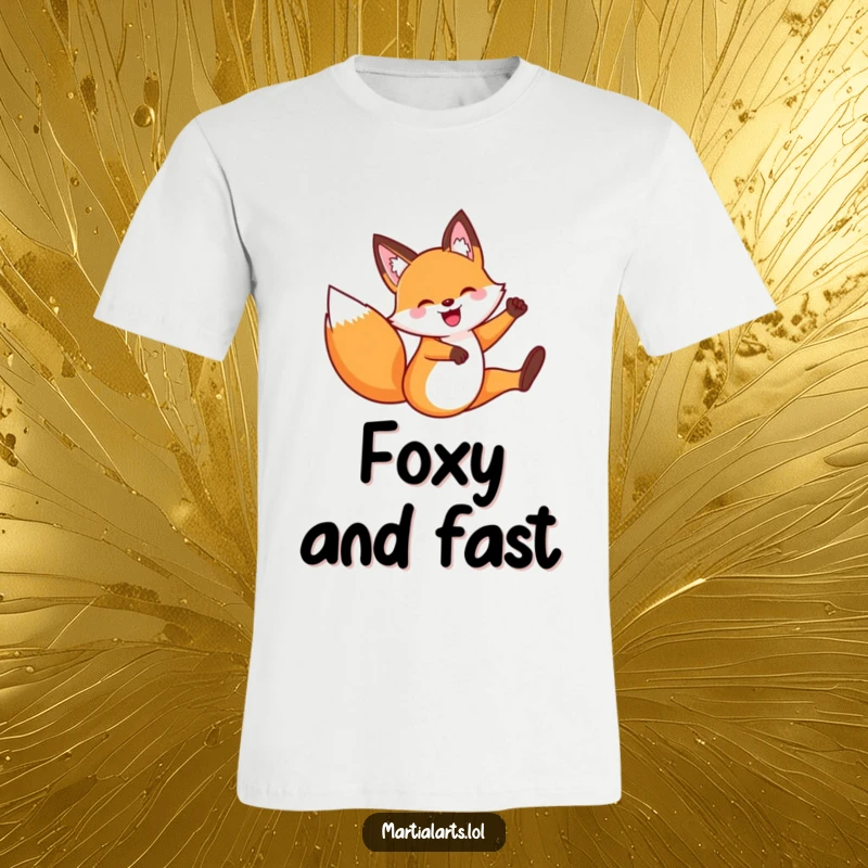Funny Fox Flying Kick T-Shirt: A cheerful fox performing an energetic flying kick, designed for those with a playful and agile sense of humor.