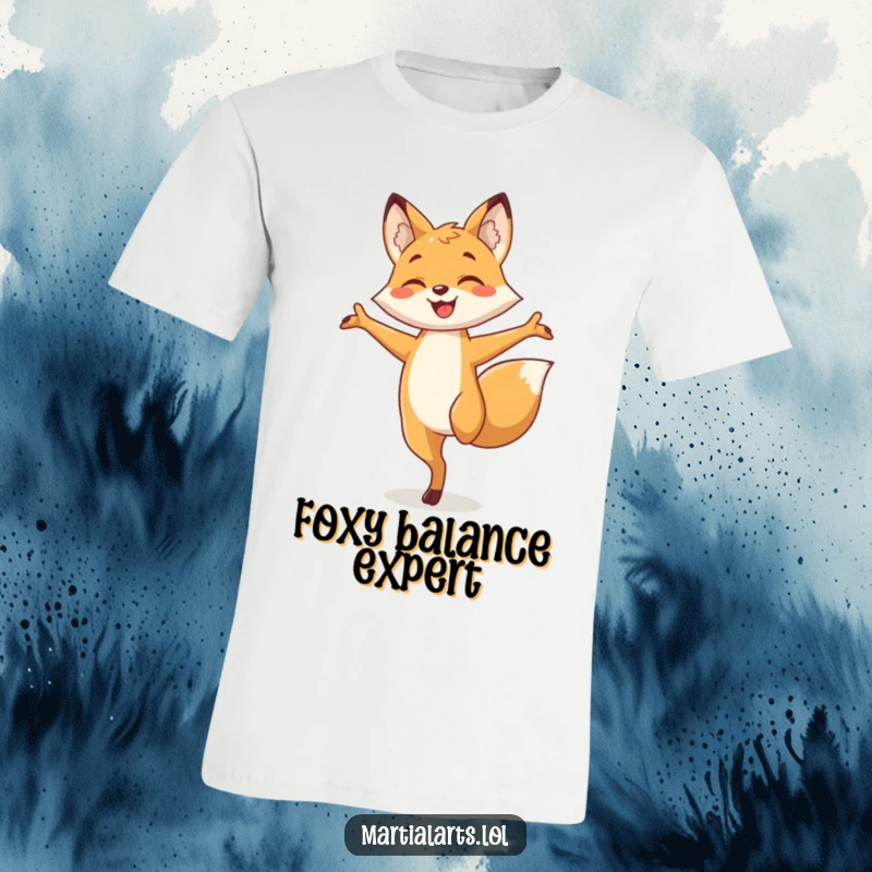 Funny fox t-shirt featuring a smiling fox balancing perfectly on one leg, arms wide, showcasing its playful and athletic side.