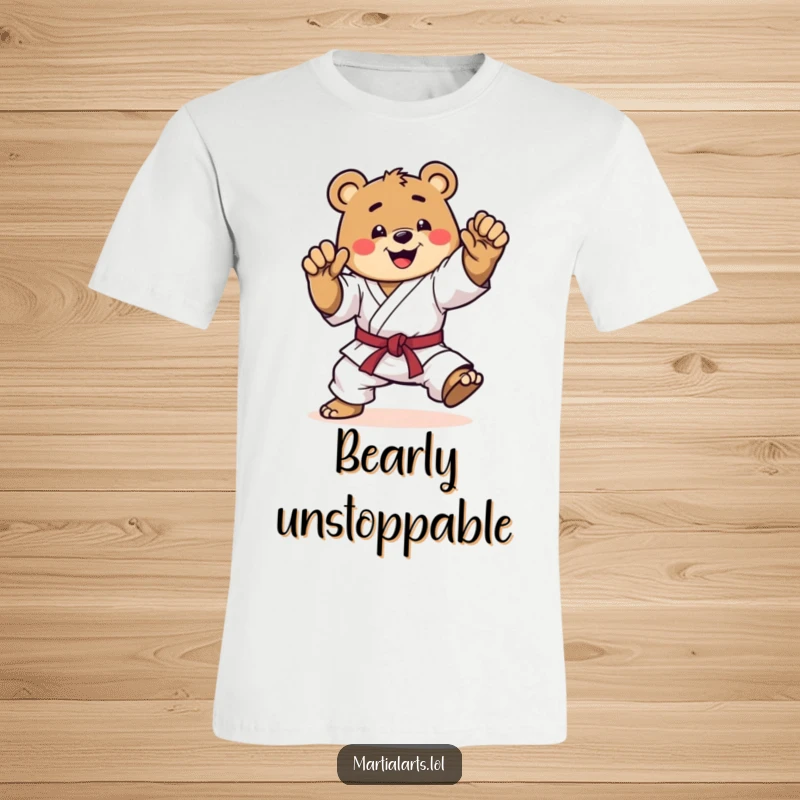 Funny karate bear t-shirt, a happy bear performing a dynamic mid-kick, demonstrating martial arts prowess with a determined and joyful face.