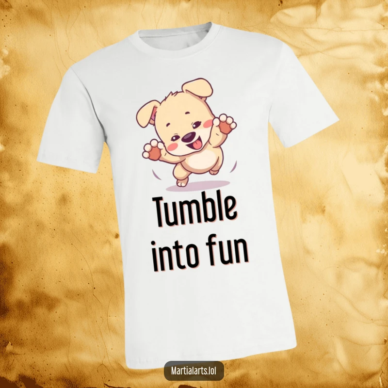 Funny t-shirt with a playful puppy tumbling forward in a mock fight pose, capturing adorable canine antics.
