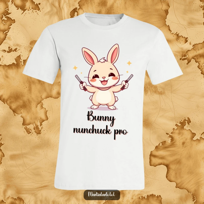 Funny Rabbit T-Shirt showing a cheerful rabbit juggling nunchucks with a wide smile, ideal for a funny gift.