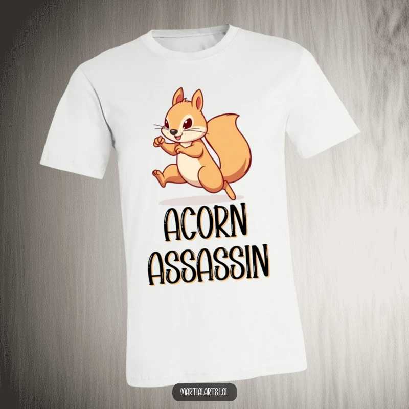 Funny Squirrel T-Shirt: A determined squirrel mastering a swift, agile martial arts move, radiating focused energy and humor.