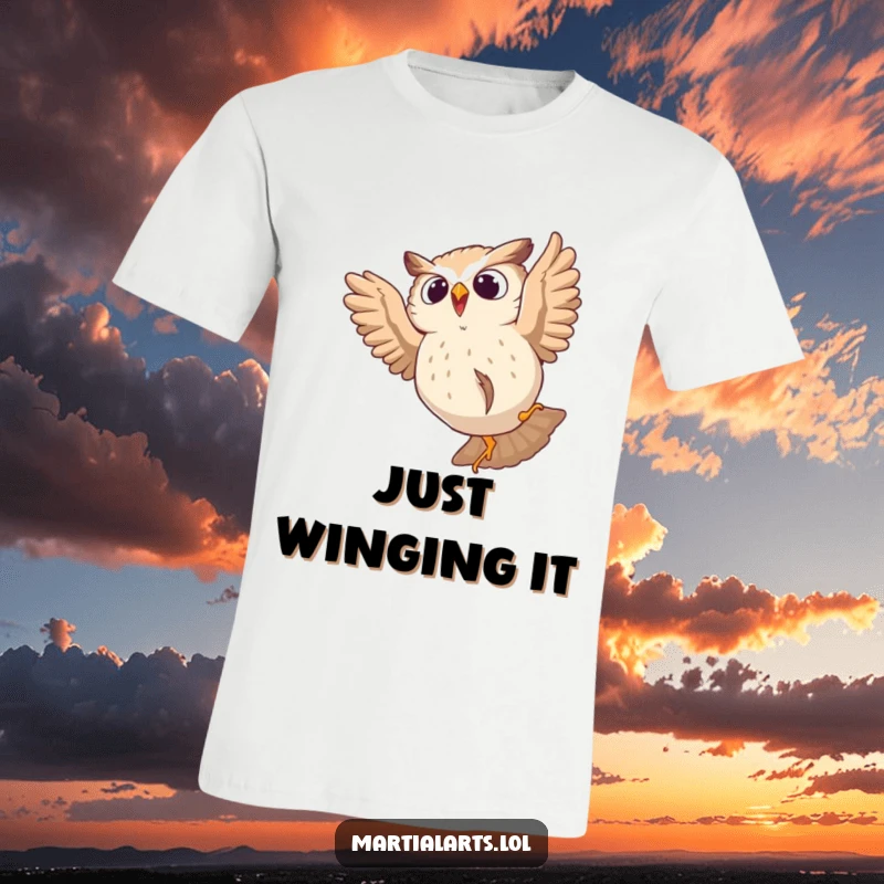 Funny t-shirt showing a startled owl tumbling mid-leap, depicting a humorous and relatable moment of surprise.