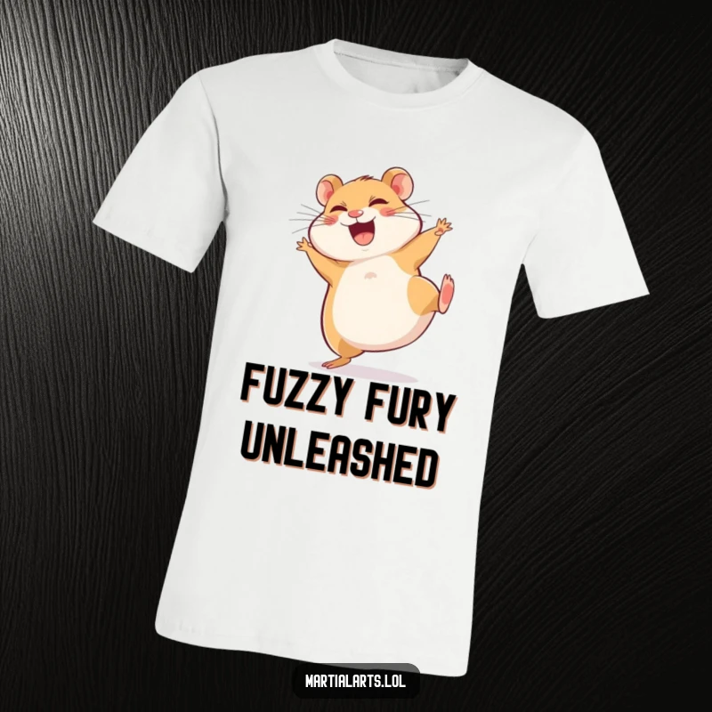 Funny T-Shirt: A giggling hamster executes a comical spinning side kick with sheer delight and energetic clumsiness.