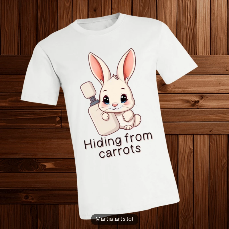 Funny Rabbit Sneak T-Shirt: A curious rabbit peeking from behind a training dummy, conveying playful stealth and humor.