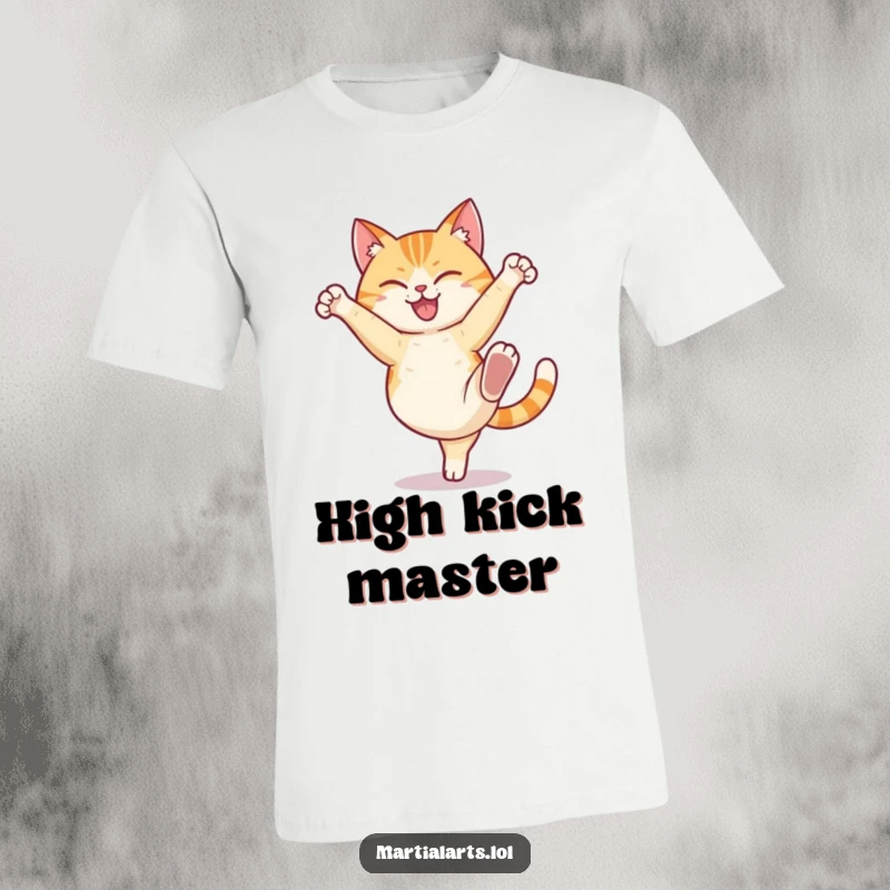 Funny cat t-shirt featuring a happy cat performing a hilarious high kick with a determined look, showcasing feline power.