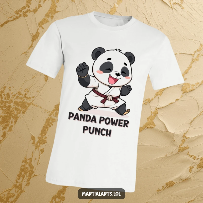 Funny Panda T-Shirt showing a happy panda performing an exaggerated karate chop, ideal for a funny gift.