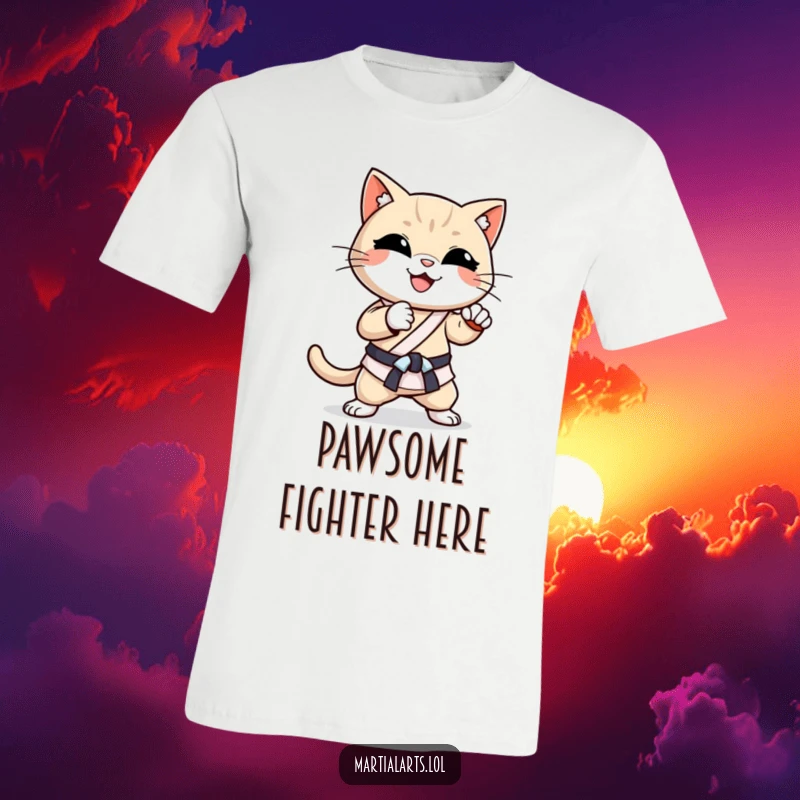 Funny Smiling Cat Karate Chop T-Shirt: A joyful cat executing a powerful karate chop with a big, happy smile.