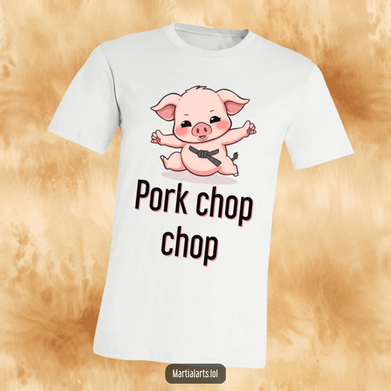 Funny Piglet Martial Arts T-Shirt showing a happy piglet tumbling and pretending to fight with funny, energetic moves.