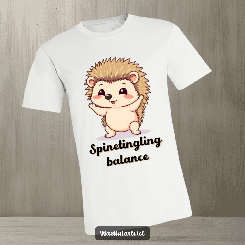 Funny t-shirt featuring a determined hedgehog wobbling precariously mid-yoga pose, a comical display of effort.