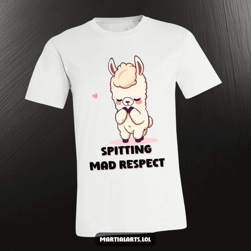 Funny t-shirt displaying a content llama bowing respectfully after a mock fight, showcasing graceful sportsmanship.