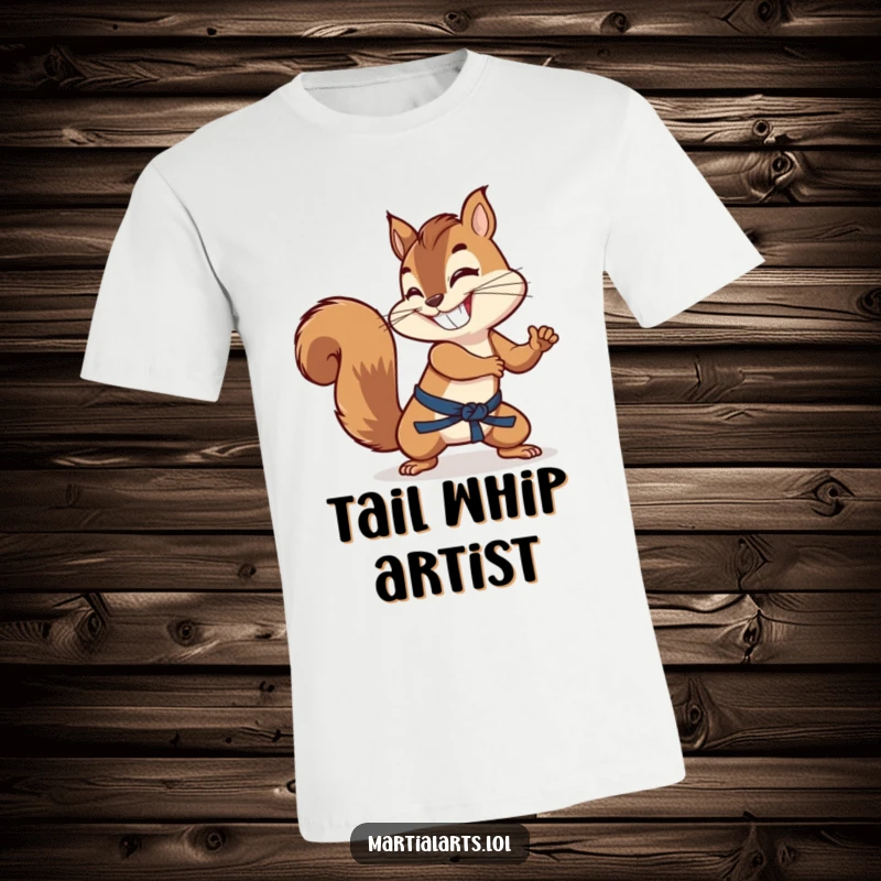 Funny squirrel with a wide grin, using its tail as a martial arts weapon, printed on this graphic tee.