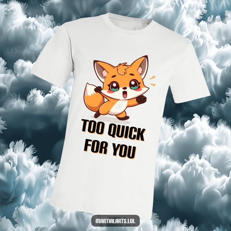Funny t-shirt with a surprised fox dodging a punch with wide eyes, perfect for expressing surprise and humor.