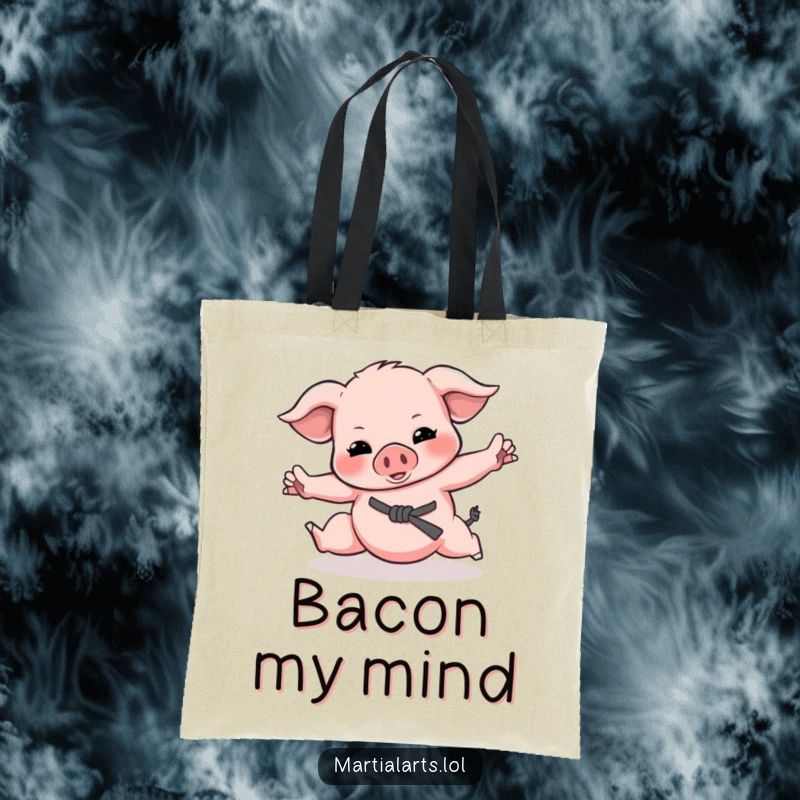 Funny Piglet Martial Arts Tote Bag showcasing a piglet doing funny fighting poses, perfect for humorous, stylish carrying.