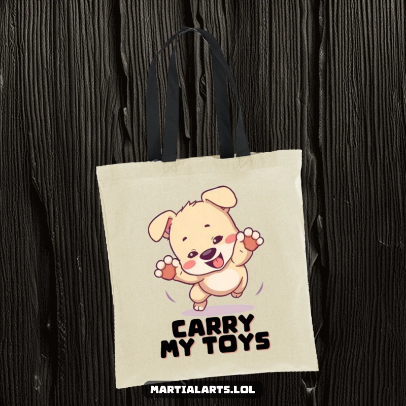 Funny tote bag with a playful puppy tumbling in a mock fight, great for shopping or carrying pet supplies.