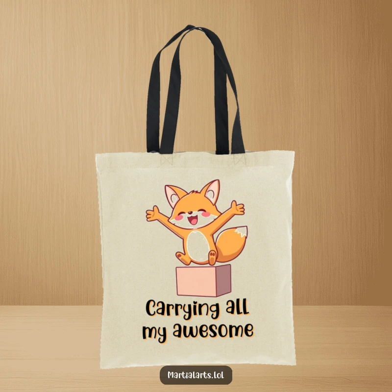Funny fox in a joyful leap, arms spread wide in a block, making this tote bag a delightful carry-all.