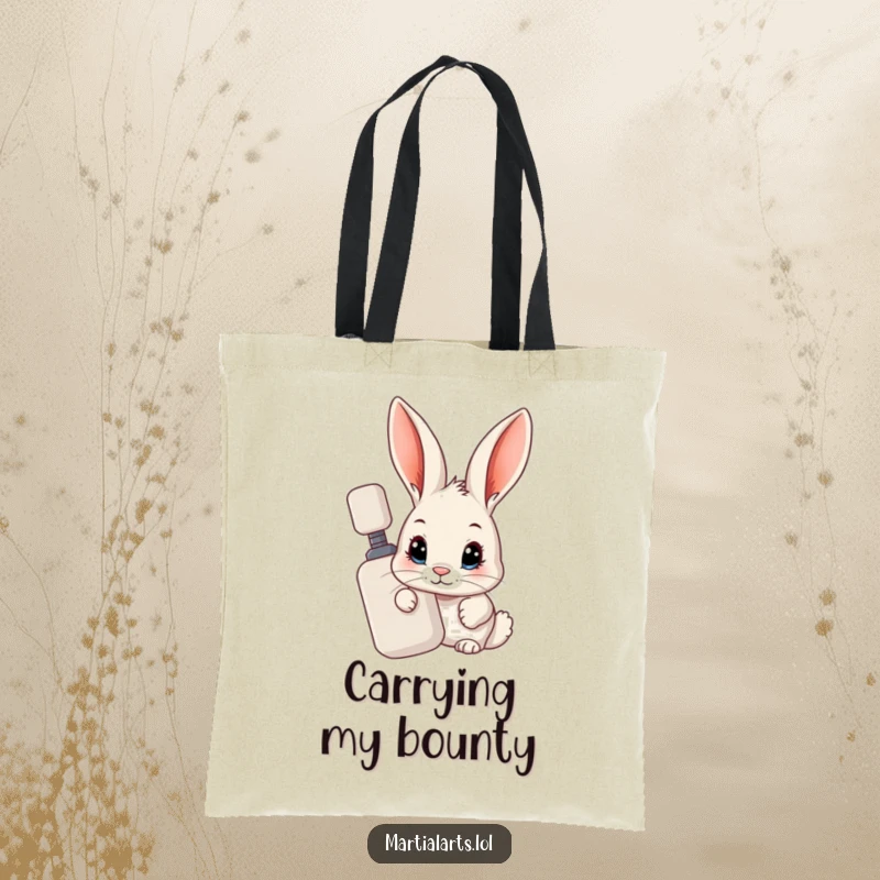 Funny Rabbit Tote Bag: A curious rabbit peeking from behind a training dummy, perfect for carrying items with humor.