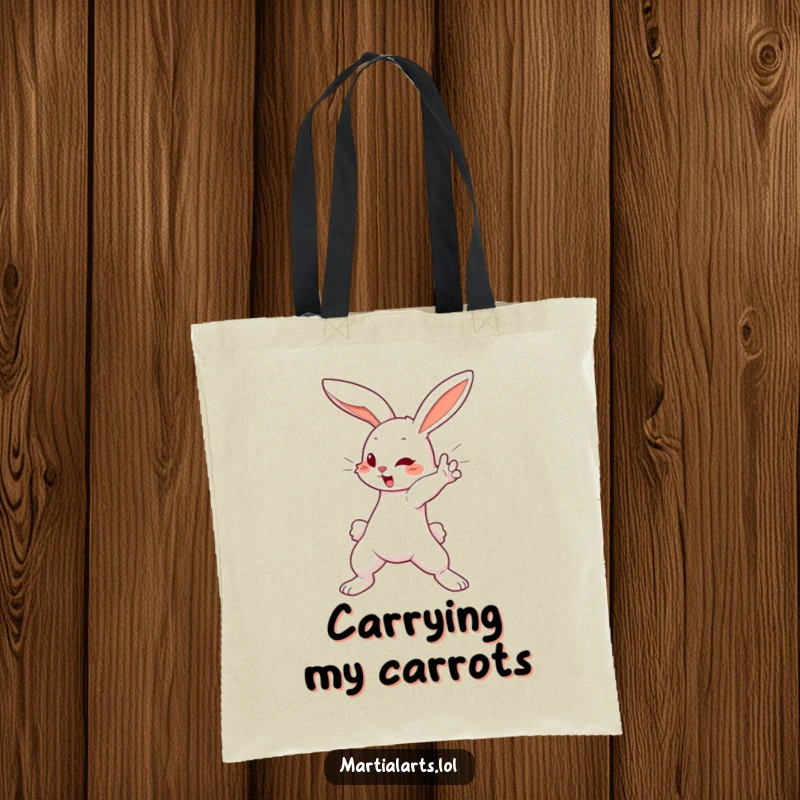 Funny Tote Bag: A cute bunny executing a swift blocking motion, ready to guard your belongings with humorous agility.