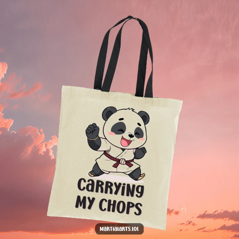 Funny Panda Tote Bag showcasing a happy panda performing an exaggerated karate chop, a perfect shopper.