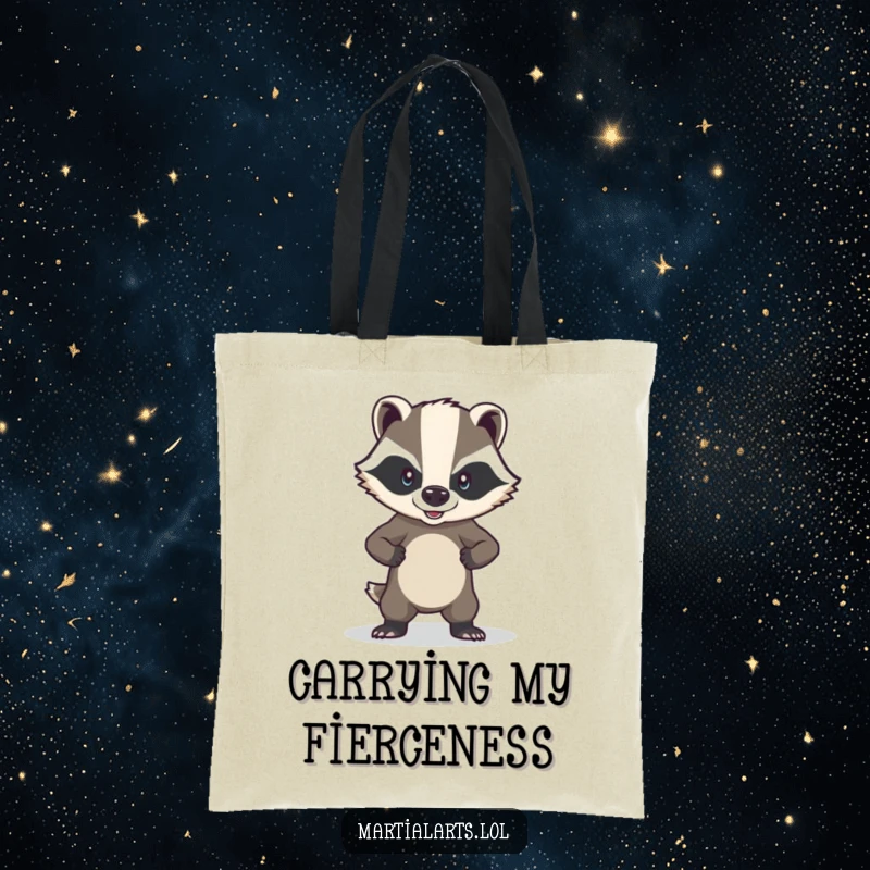 Funny brave badger tote bag featuring a badger in a strong defensive pose, ready for anything.