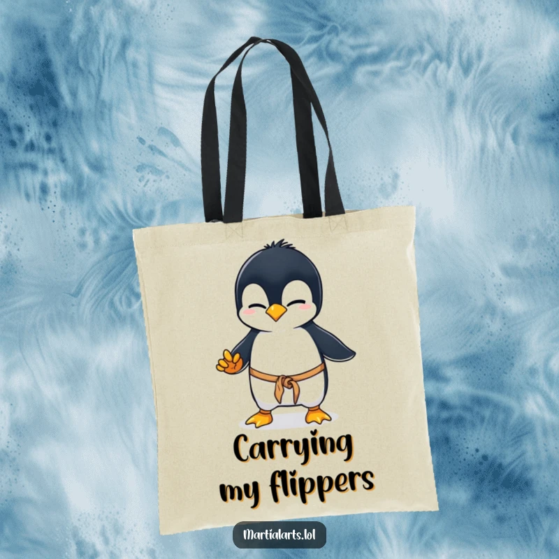 Funny penguin karate tote bag, a curious penguin wobbling in a clumsy martial arts stance, ready to carry your items with Antarctic charm and humor.