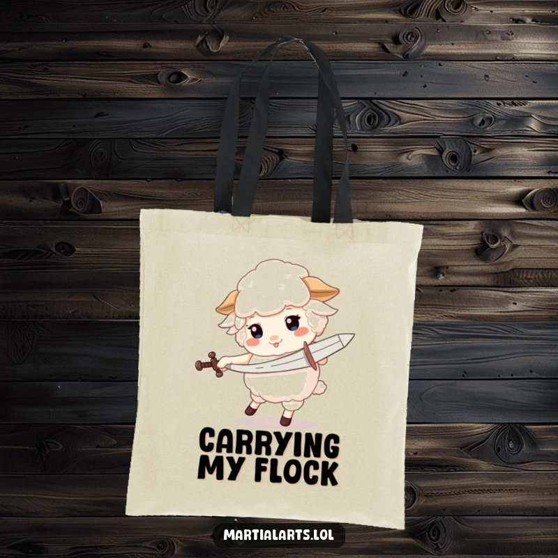 Funny tote bag illustrating a fluffy sheep spinning with a pretend sword, embodying playful bravery.