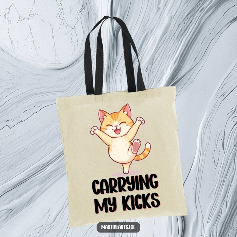 Funny cat tote bag showing a happy cat humorously performing a high kick with a determined expression, perfect for daily use.