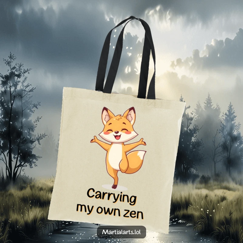 Funny fox tote bag showcasing a smiling fox artistically balancing on one leg with arms extended, perfect for carrying daily items.