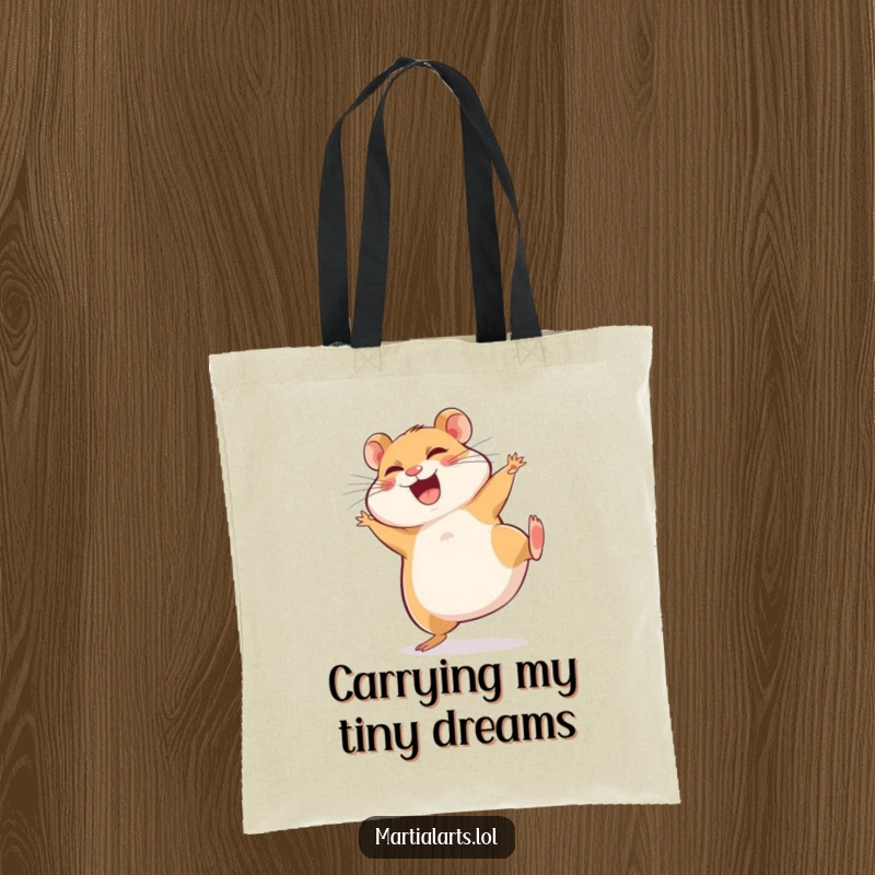 Funny Tote Bag: Giggling hamster performs a hilariously clumsy spinning side kick, ready for adventure.