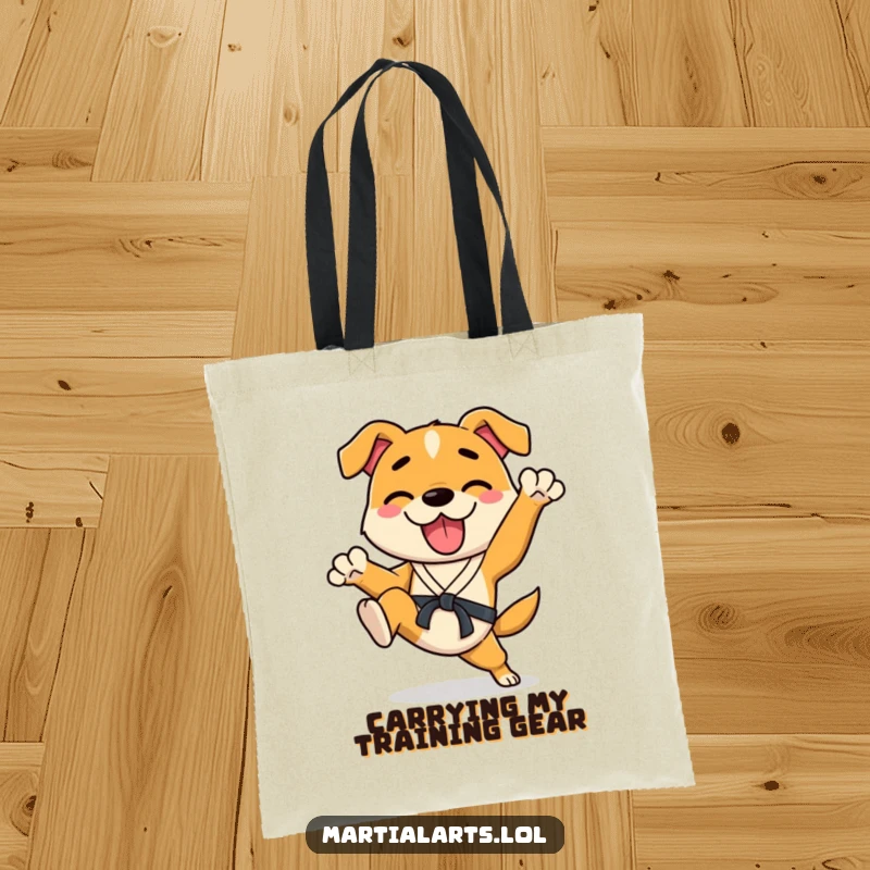 Funny Dog Tote Bag featuring a happy dog in a martial arts stance, enthusiastically kicking its legs, a humorous and practical carry-all.
