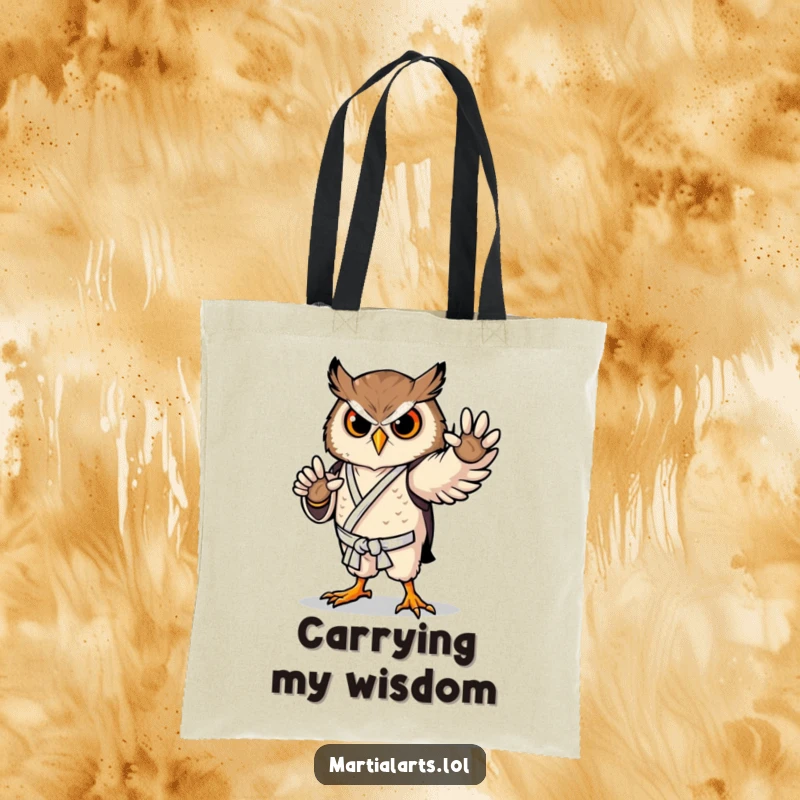 Funny owl karate tote bag with a proud bird striking a graceful pose, perfect for carrying books or gear.