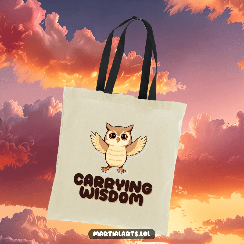 Funny Owl Tote Bag: A playful owl balancing in a martial arts stance, perfect for carrying items with style and humor.