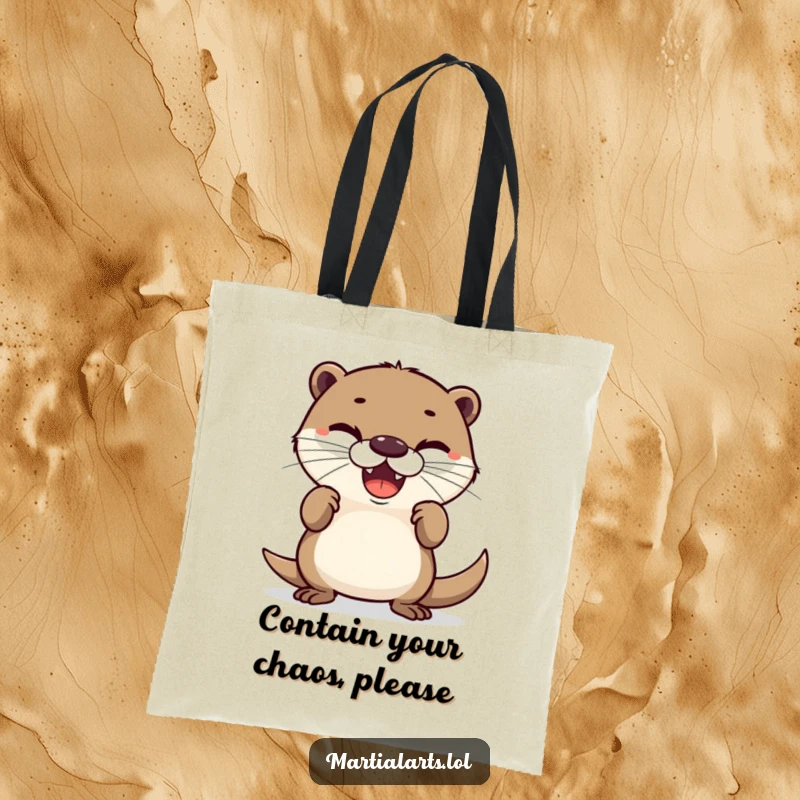 Funny tote bag featuring a delighted otter adoptiing a funny, defensive stance, ready to protect your belongings with a smile.
