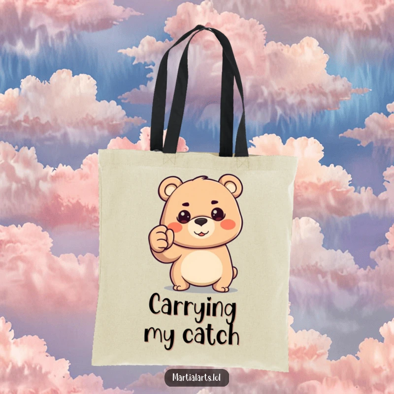 Funny happy bear holding a determined fist with a focused gaze, on a durable tote bag.
