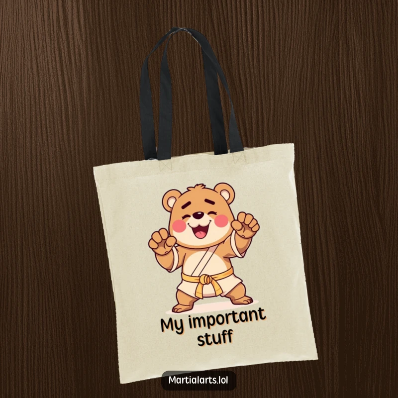 Funny tote bag with a happy bear striking a martial arts pose, perfect for carrying items with warrior spirit.