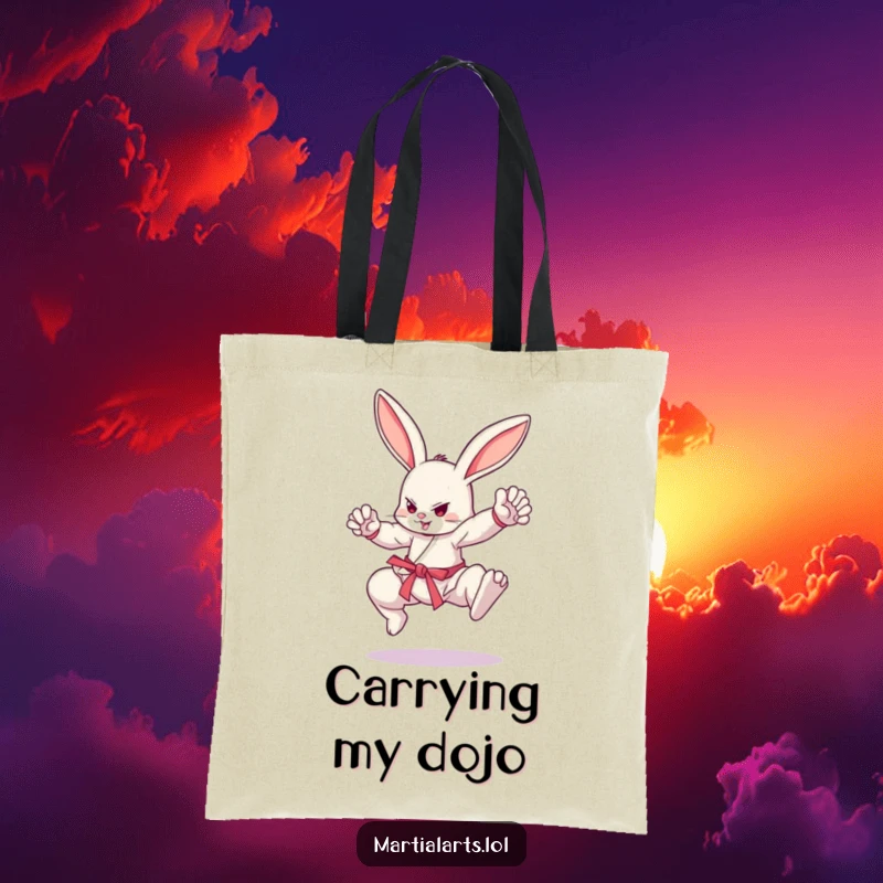 Funny bouncing bunny in martial arts stance, carrying a durable funny tote bag, perfect gift.