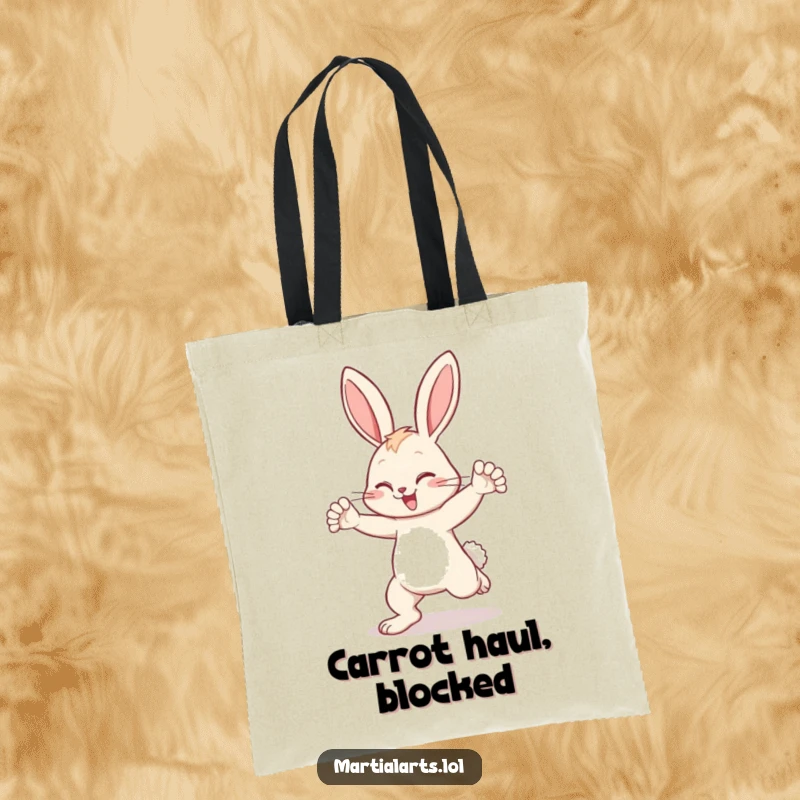 Funny bunny tote bag illustrating a bunny adeptly blocking a kick, perfect for carrying your belongings securely and humorously.