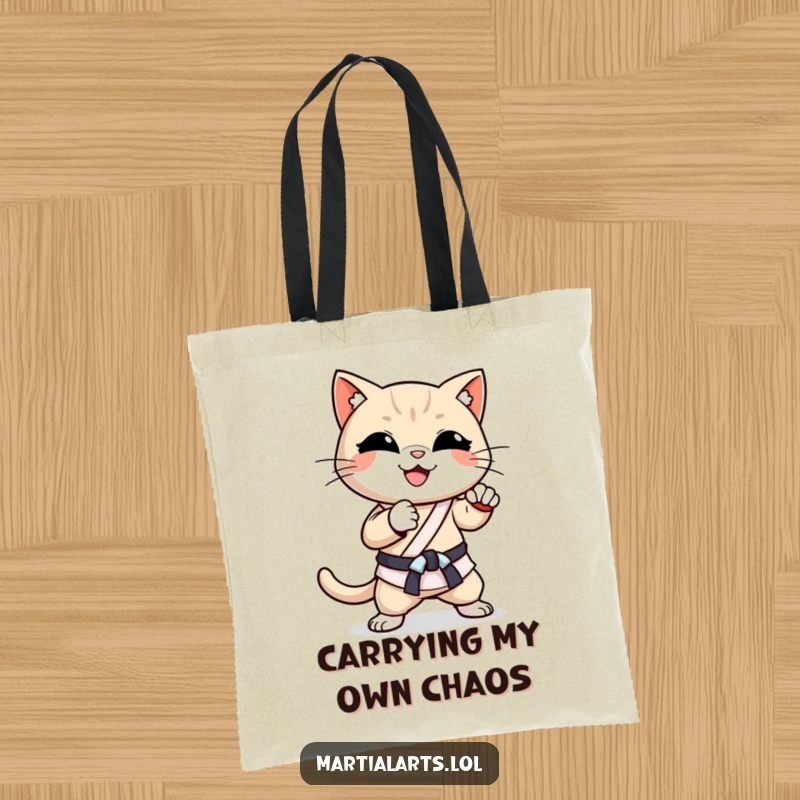 Funny Cat Karate Chop Tote Bag: A happy, smiling cat striking a karate chop pose, ideal for carrying groceries or gear.