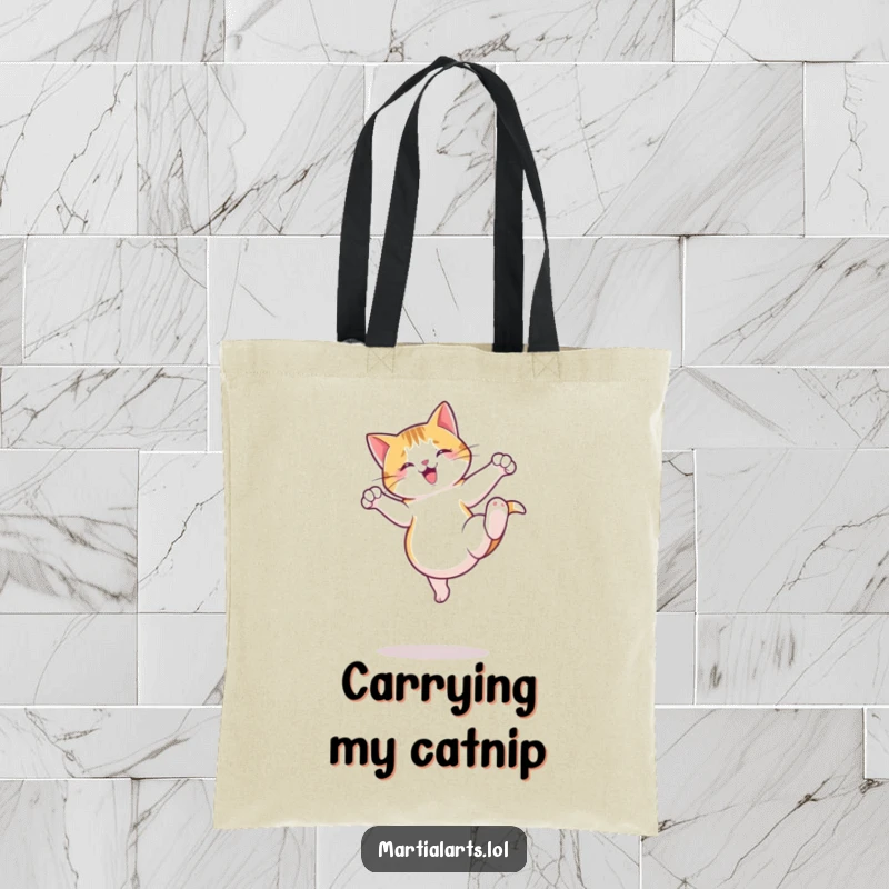 Funny Cat Tote Bag featuring a jumping cat executing a playful roundhouse kick, a humorous and practical carry-all.