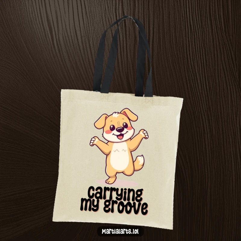Funny dancing dog tote bag featuring a dog in a dynamic, energetic spin, ready for errands.