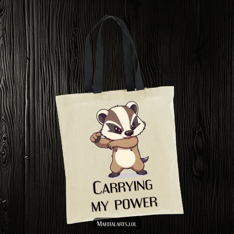 Funny badger elbow strike tote bag with a determined animal delivering a powerful strike, perfect for carrying gear.