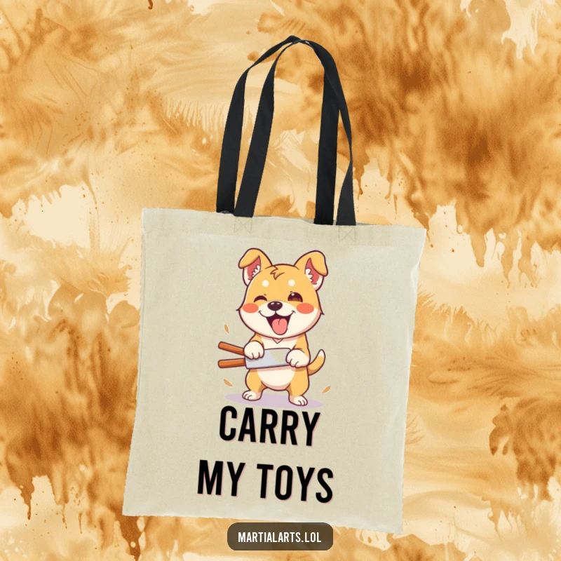 Funny Dog Tote Bag: A silly dog performing a clumsy, enthusiastic karate chop, perfect for carrying essentials with humor.