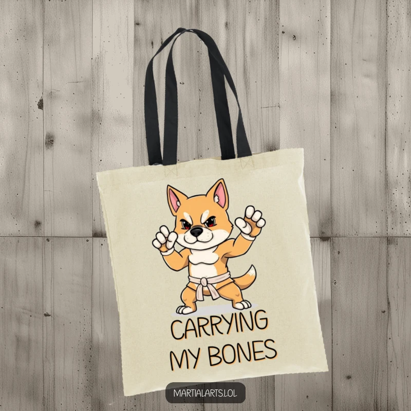 Funny Dog Tote Bag showcasing a determined dog striking a proud, balanced martial arts stance, a perfect shopper.