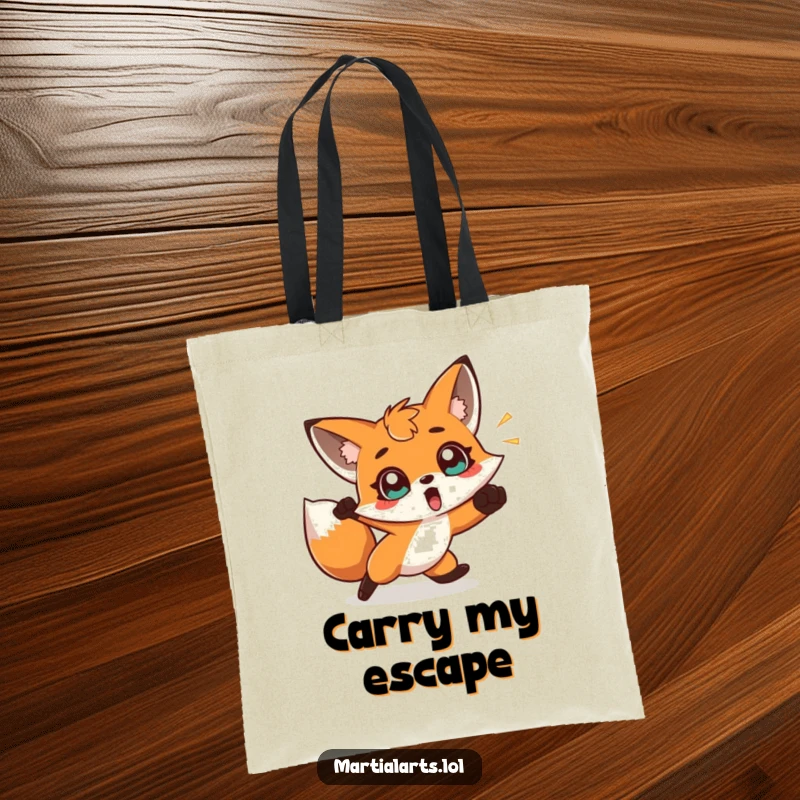 Funny tote bag with a surprised fox dodging a punch, perfect for carrying items with amusing defensive humor.